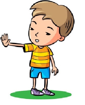 Animowana grafika chłopca z wyciągniętą przed siebie prawą dłonią. Urany w niebieskie krótkie spodenki oraz żółtą pasiastą koszulkę. Jego postawa wskazuje na odmowę czegoś lub komuś. Chłopiec wygląda na spokojnego ale stanowczym gestem ręki odmawia.