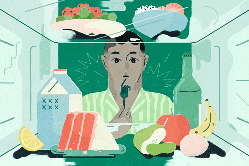 Kolorowa animacja mężczyzny zaglądającego do lodówki pełnej jedzenia. Na półkach m.in: tort, mleko, cytryna, owoce, napój słodki gazowany, ciastka. Mężczyzna w koszuli w biało – zielone paski z powyginanym widelcem zastawia się co zjeść
