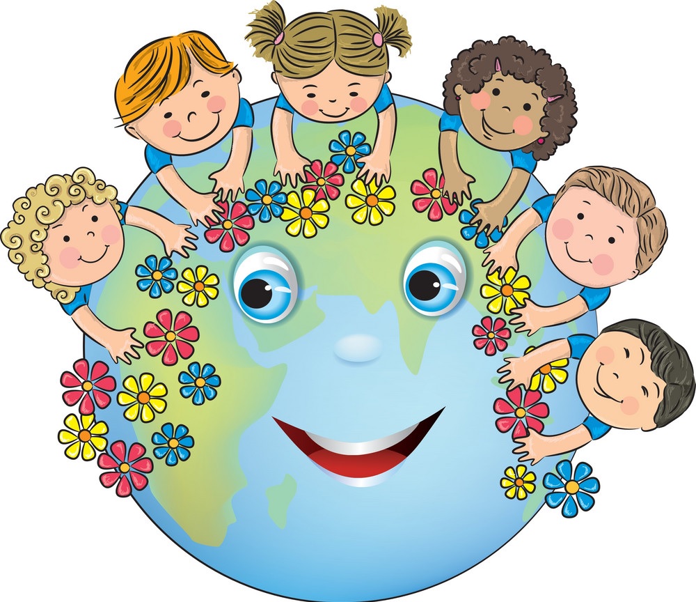 : kolorowa animacja pięciorga dzieci z całego świata, różnych ras opierających się o kule ziemską. Dzieci rozkładają kolorowe kwiaty na kuli ziemskiej